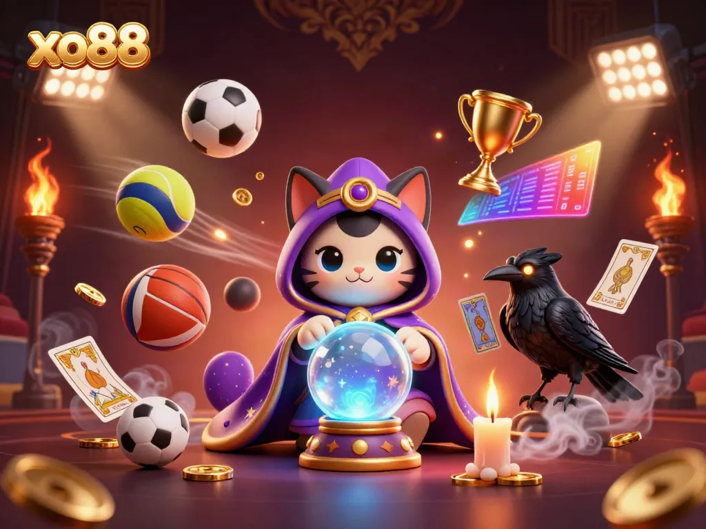 Experience the thrill of xo88 with a mystical scene of a fortune teller cat, glowing raven, and dynamic sports elements.