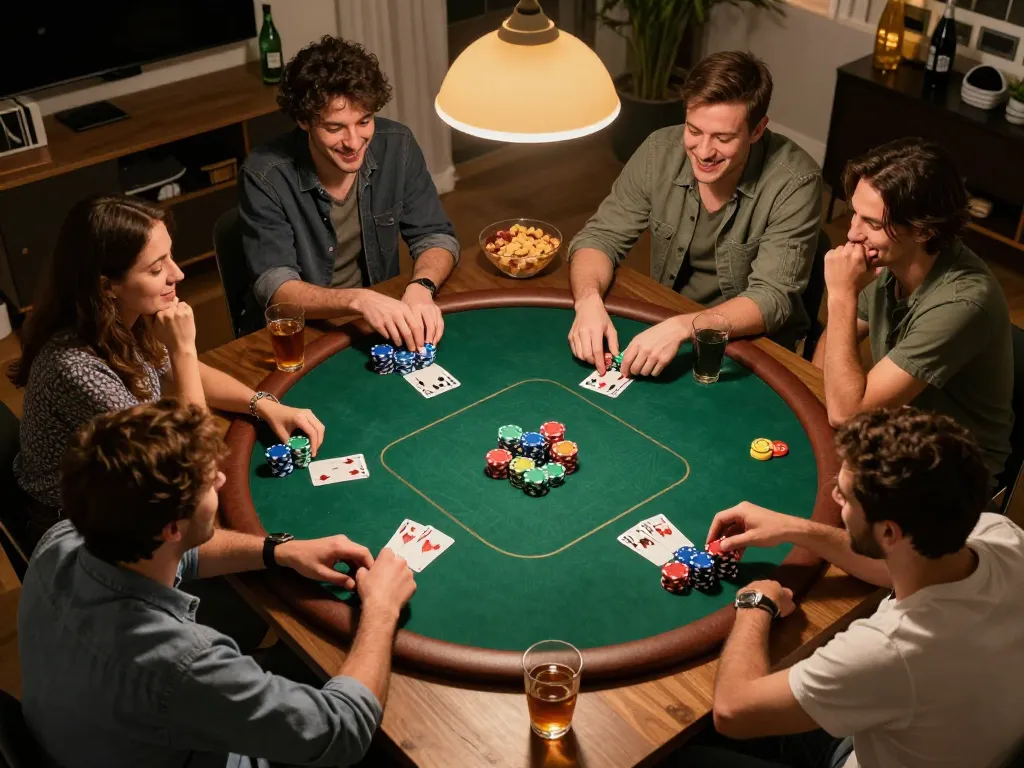 Friends playing poker during a cozy home game night, capturing the essence of 789bet excitement.