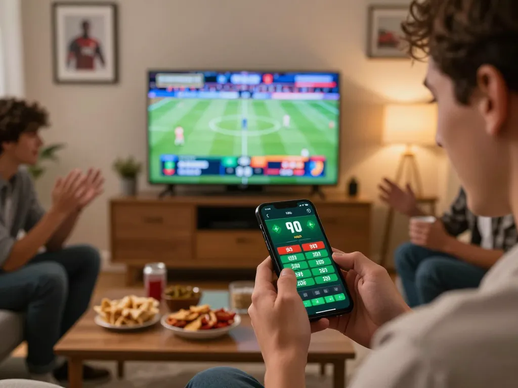 Engaging in live betting on alo8net with a smartphone in a cozy living room setting, sports on TV.