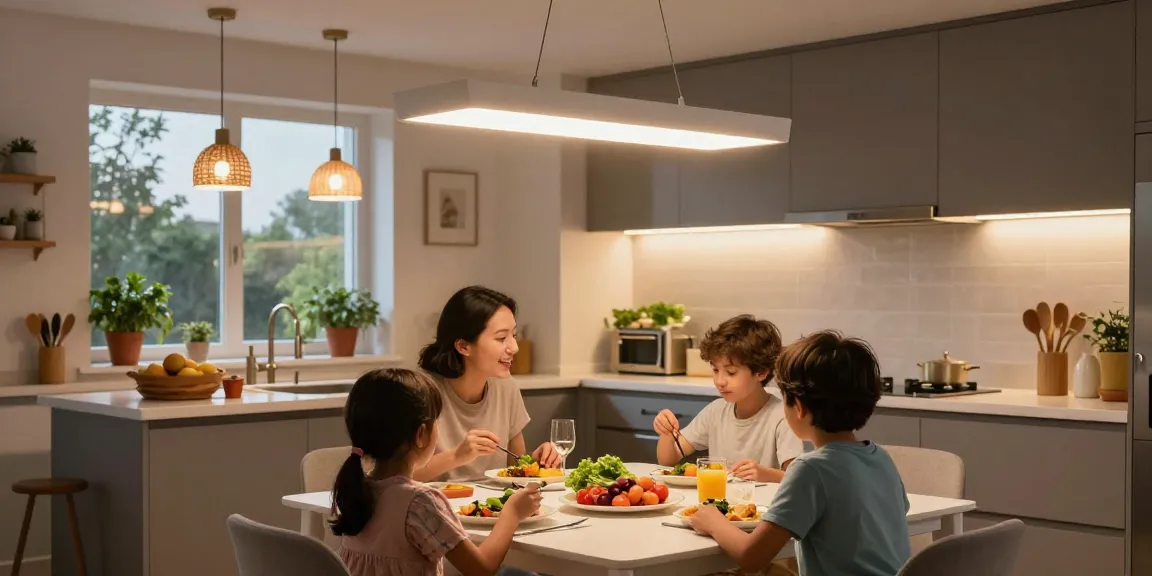 Stilvolle Küchenbeleuchtung schafft eine warme Atmosphäre in einer modernen Küche zur Abendessenzeit.