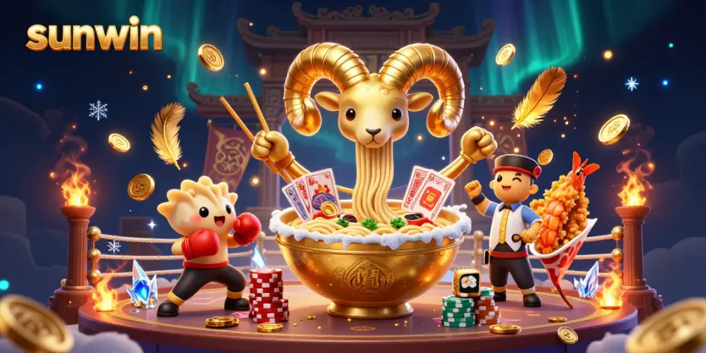 Experience thrilling gameplay at sunwin with a dynamic 3D scene featuring a ramen bowl character and casino elements.