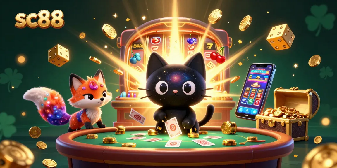 Experience sc88's cosmic casino thrills with a black hole cat and nebula fox joyfully bringing luck.