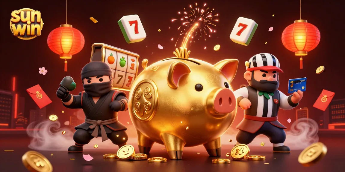 Engage in the sun win excitement with a dynamic 3D piggy bank sumo wrestler surrounded by casino elements.