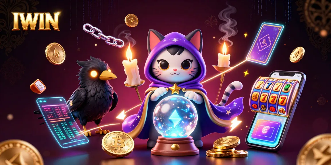 IWIN casino illustration showcasing a 3D mystic cat and raven amidst vibrant gaming elements
