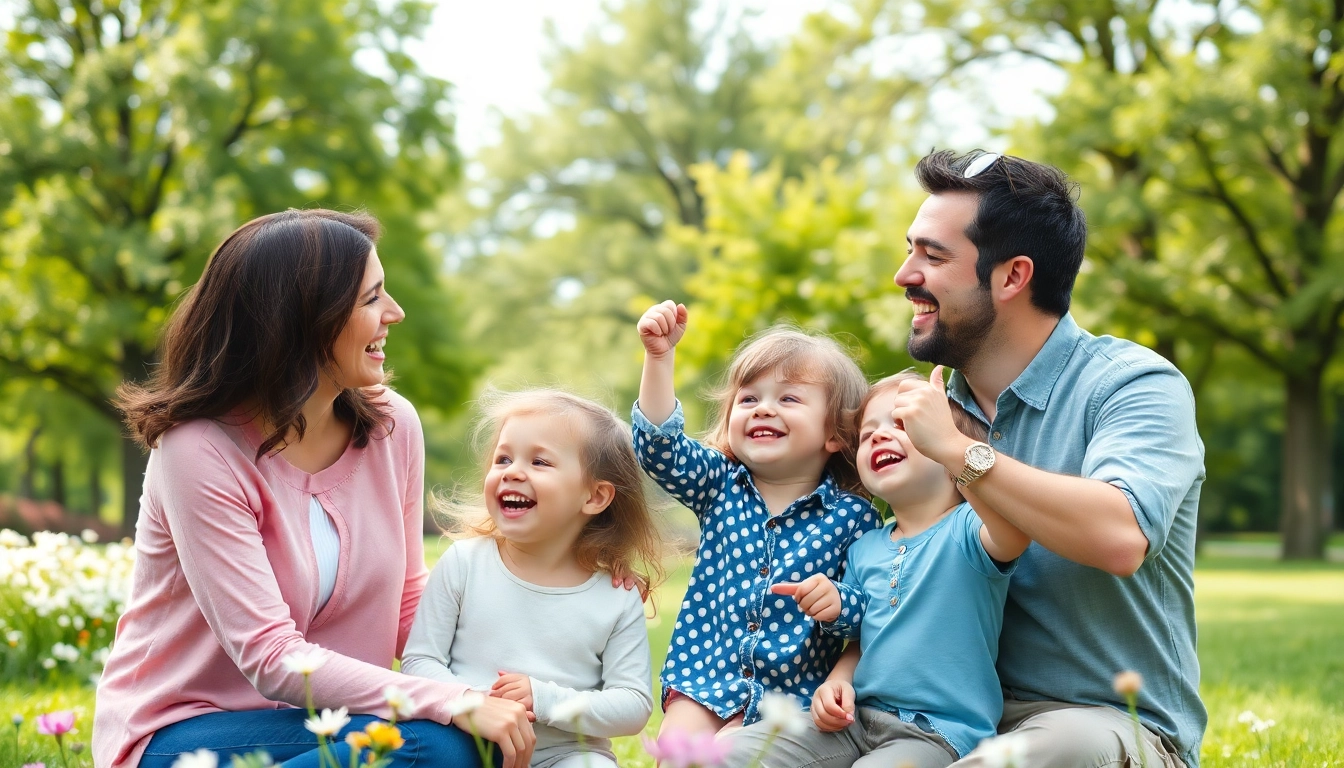 Eine glückliche Familie interagiert im Park und veranschaulicht die Bedeutung der Kindererziehung.