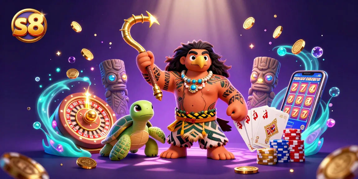 Experience the thrilling gameplay at s8 casino, featuring vibrant slot reels and a 3D demigod.