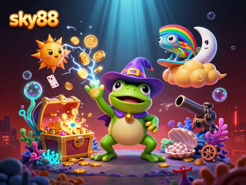 Experience the excitement of sky88 with a storm of golden coins and vibrant chameleon surfing through a magical casino world.