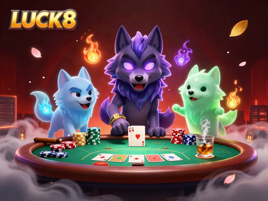 LUCK8 features charismatic wolves amid a dynamic poker scene with colorful chips and illuminating effects.