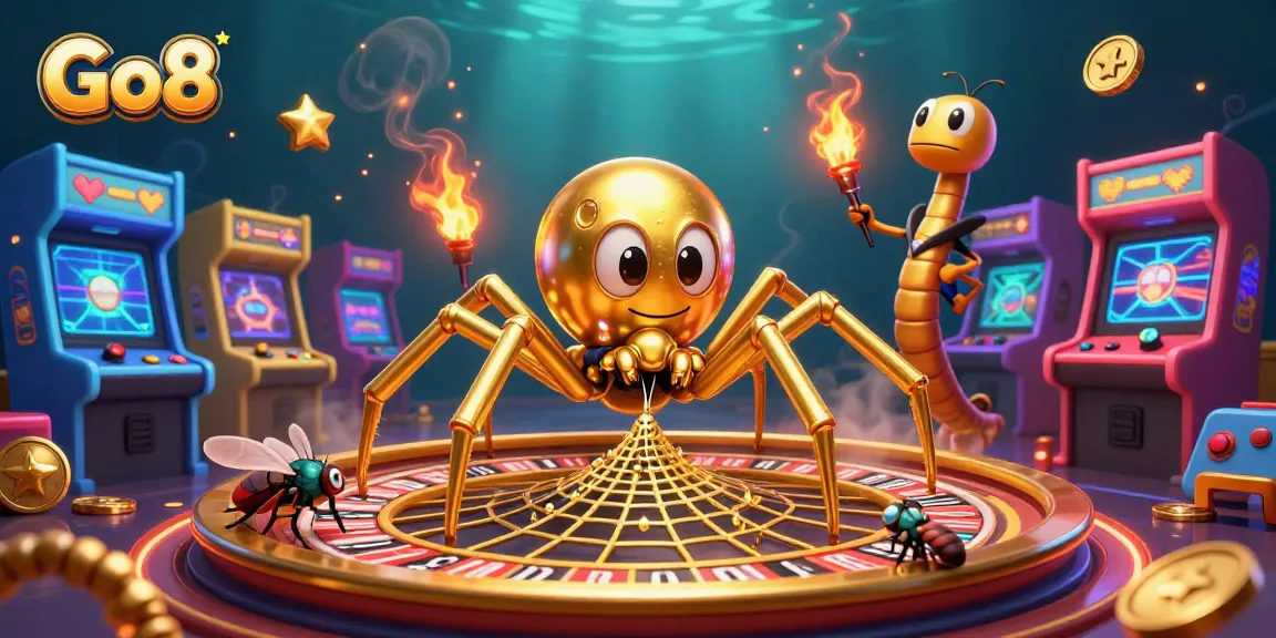 Experience thrilling gameplay at Go8 with a vibrant illustration of a spider and a betting fly amidst arcade excitement.