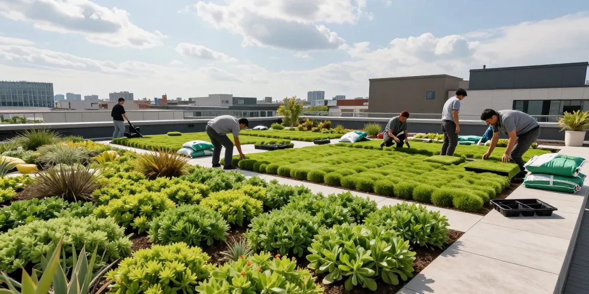 Installation eines umfangreichen Dachgartens mit lebhaften Sedum-Pflanzen, Fokus auf intensiver Dachbegrünung.