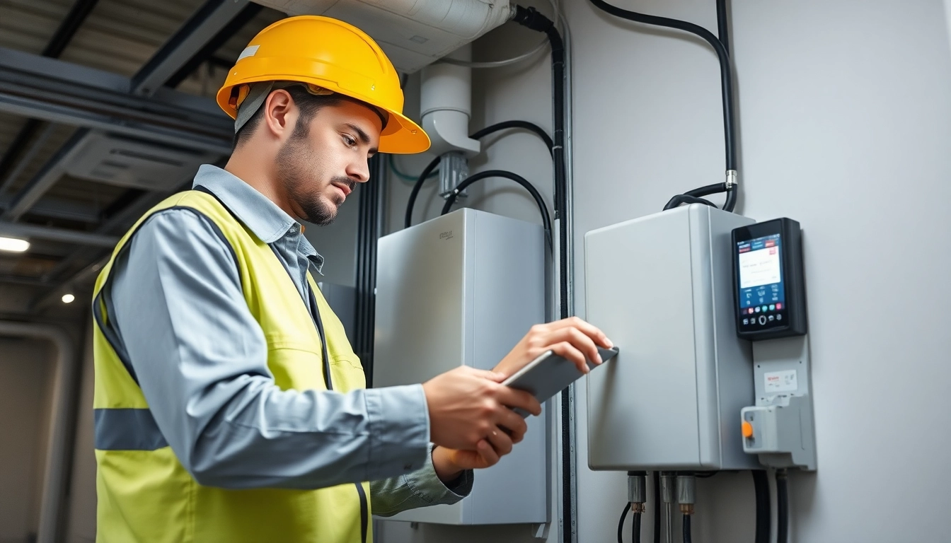 Fachkraft bei der DGUV V3 Prüfung elektrischer Geräte in einem modernen, gut beleuchteten Umfeld.