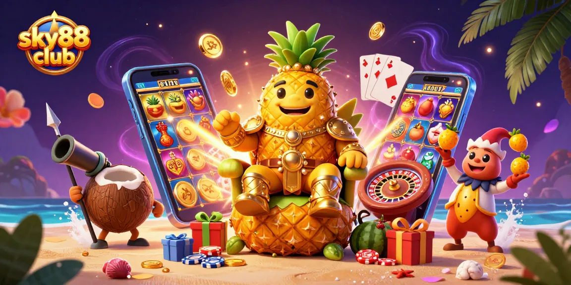 Engage with sky88 club's vibrant gaming world featuring golden pineapple king and lively casino elements.