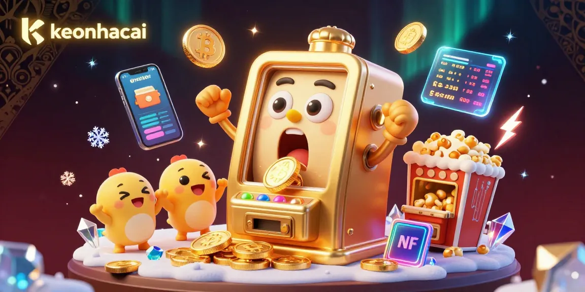 Experience the excitement of keonhacai with a golden slot machine hitting a jackpot amidst crypto elements.