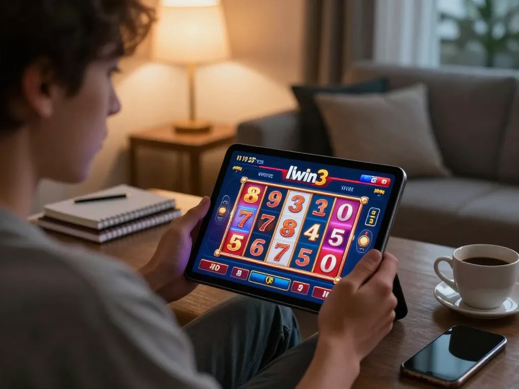 Player enjoying llwin3 on tablet, engaged in online casino gaming at home