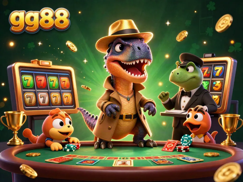 Engage in thrilling gameplay at gg88 with a 3D scene of characters at a casino table amidst dynamic gaming elements.