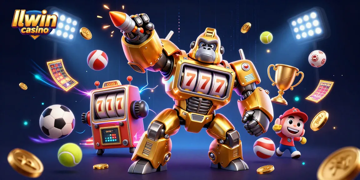 Engage with the llwin casino experience featuring a golden gorilla mech amidst sports elements and vibrant energy.