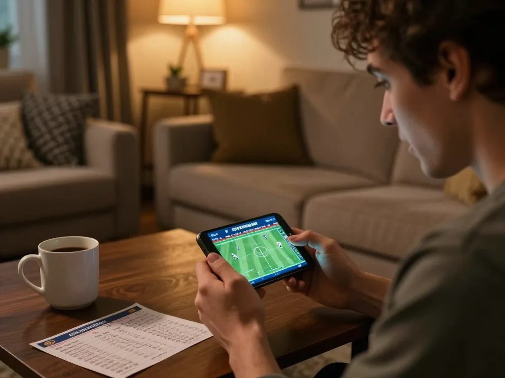 Football sports betting excitement as a bettor engages with mobile app at home