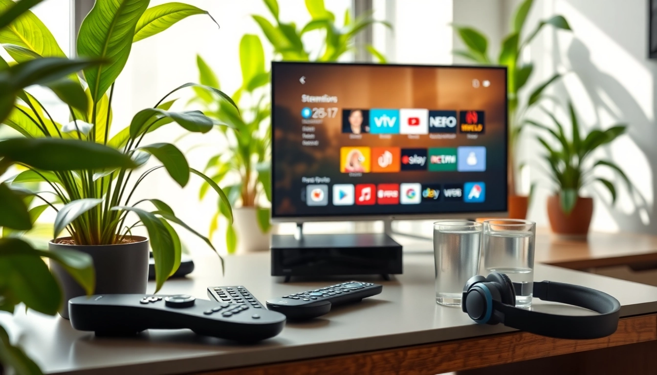 Streamisly iptv auf einem modernen Fernseher mit Fernbedienungen und Pflanzen im Hintergrund.