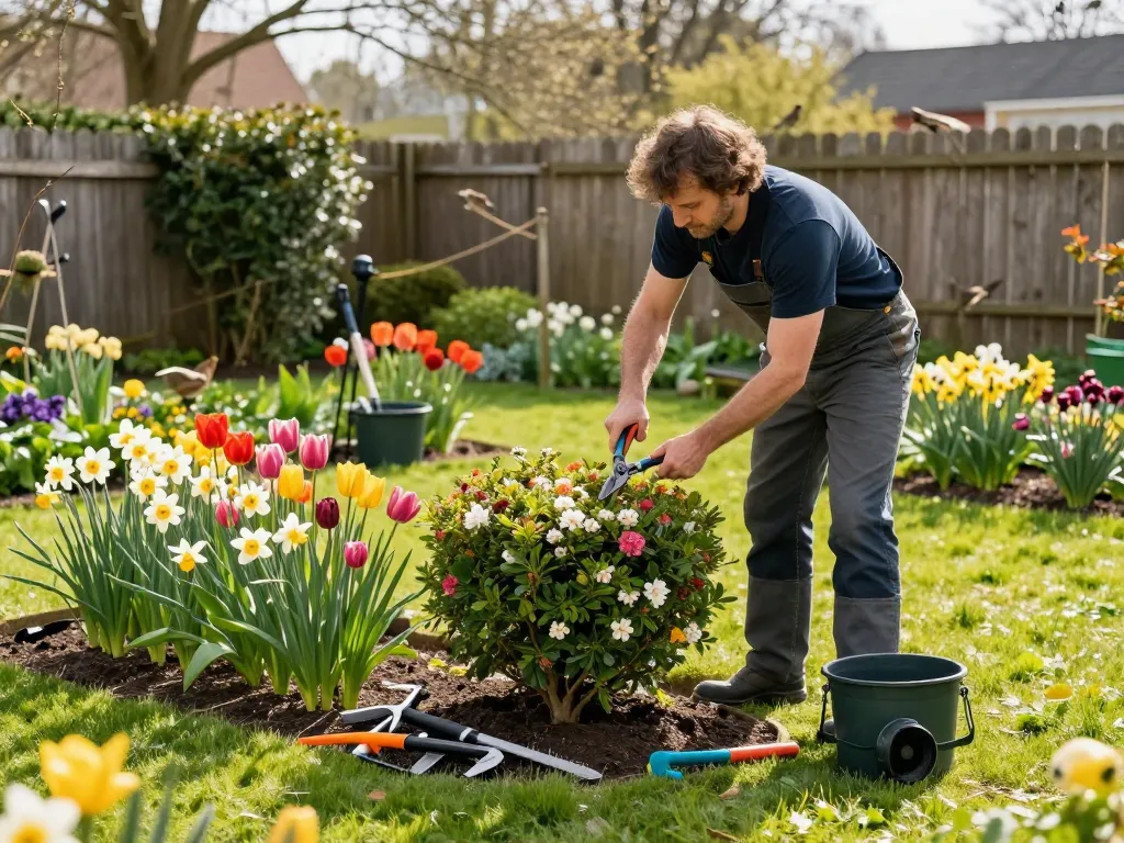 Fesselnde Gartenarbeiten in Münster mit einem Gärtner, der blühende Hecken in einem lebendigen Frühlingsgarten schneidet.
