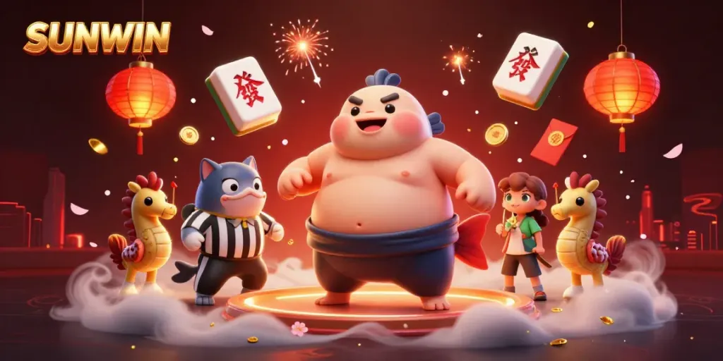 SUNWIN engaging casino illustration featuring a dynamic blowfish wrestler, catfish referee, and lively sea spectators.