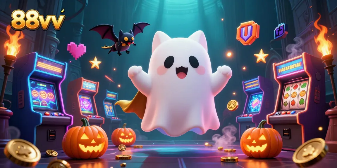 Immerse in the lively 88vv haunted casino scene with a ghost cat and glowing jack-o-lanterns.