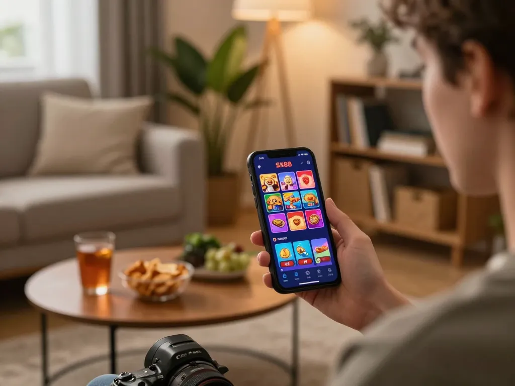 SX88 casino app interface displayed on a smartphone in a cozy home setting, capturing an engaging online gaming moment.