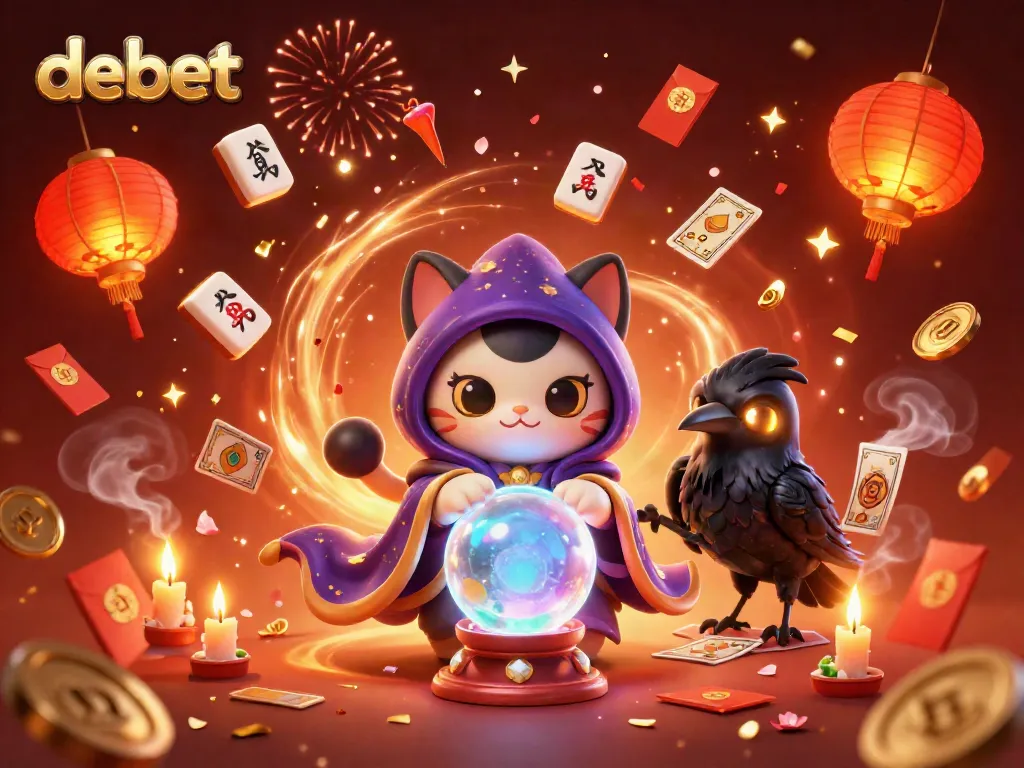 Engage with the magic of debet in this vibrant casino-themed 3D illustration showcasing a mystic cat and a raven.