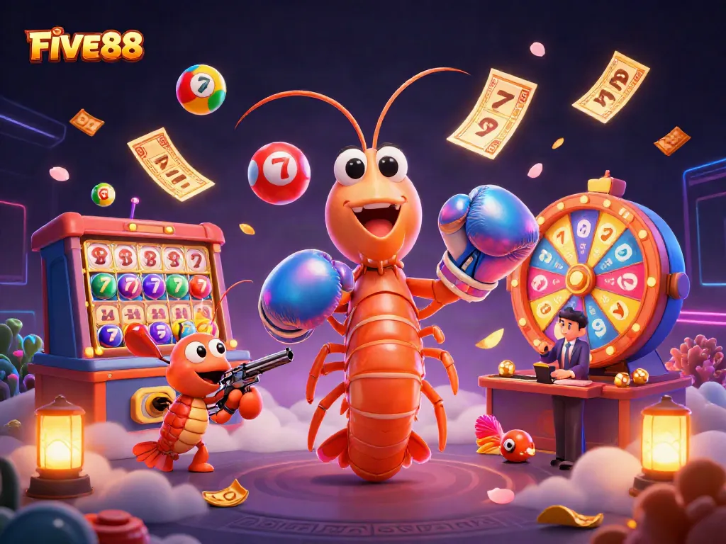 Experience the excitement of gambling at FIVE88 with vibrant slot reels and engaging characters.