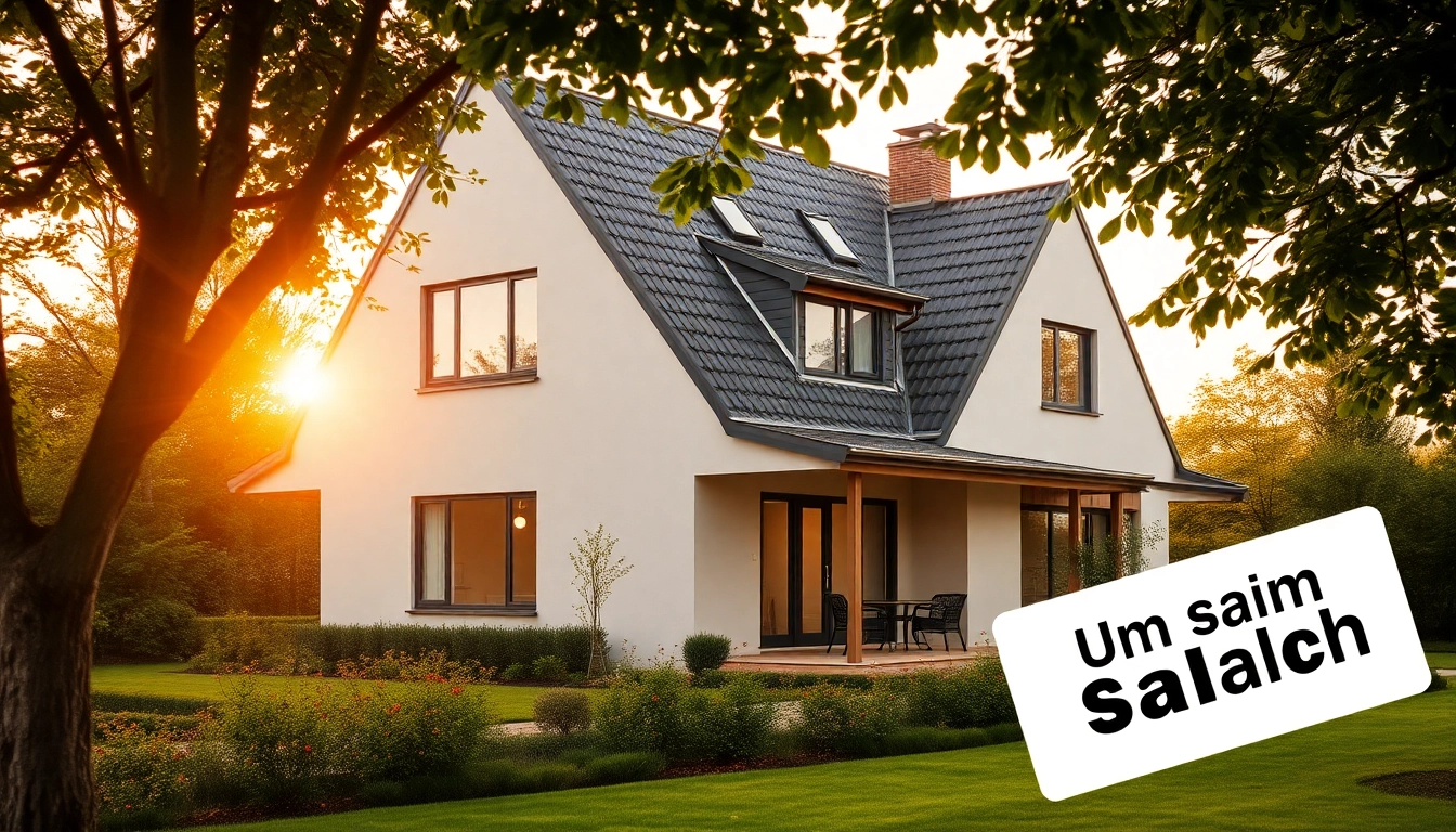 Moderne Architektur eines Einfamilienhauses mit Garten und "Zum Verkauf"-Schild, ideal für den Hauskauf.