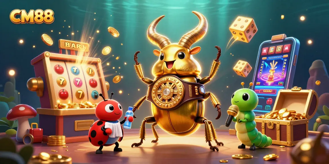 CM88 showcases a giant golden stag beetle in a vibrant casino scene with slot machines and jackpot elements.
