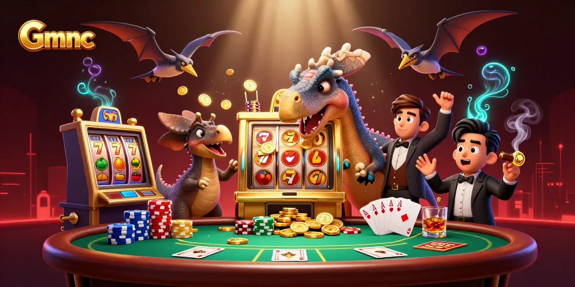 Gmnc shows a pachycephalosaurus winning a jackpot at a slot machine surrounded by poker chips.