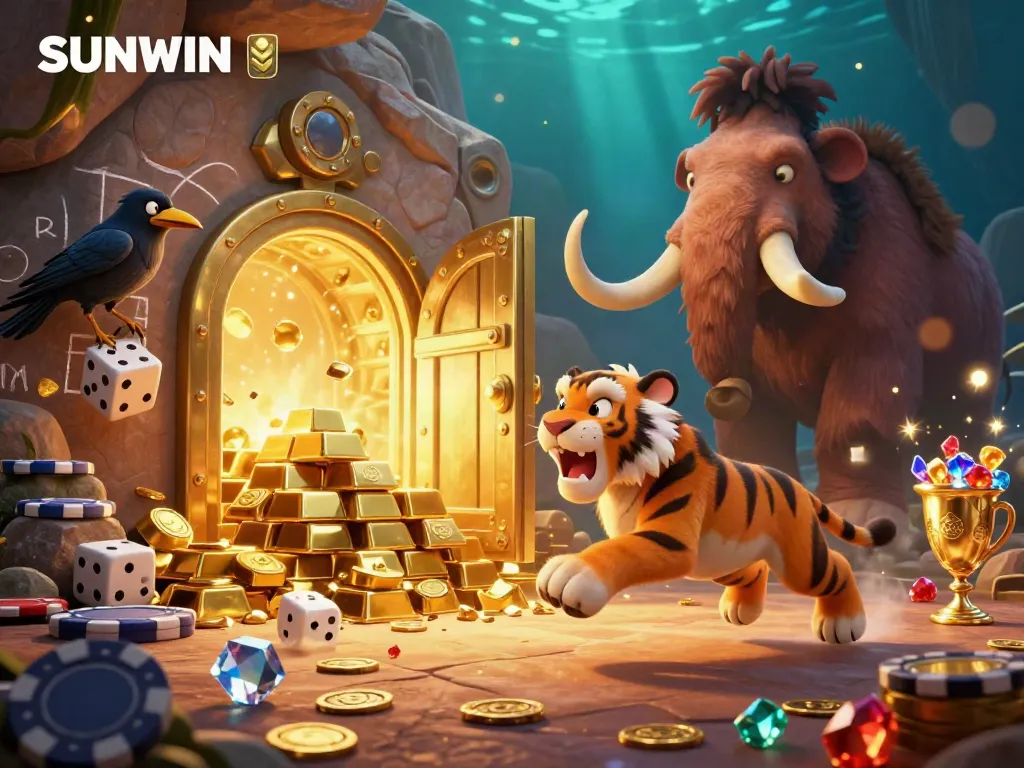 Experience the excitement of SUNWIN with a vibrant 3D illustration featuring a prehistoric casino scene, full of treasures and lively characters.