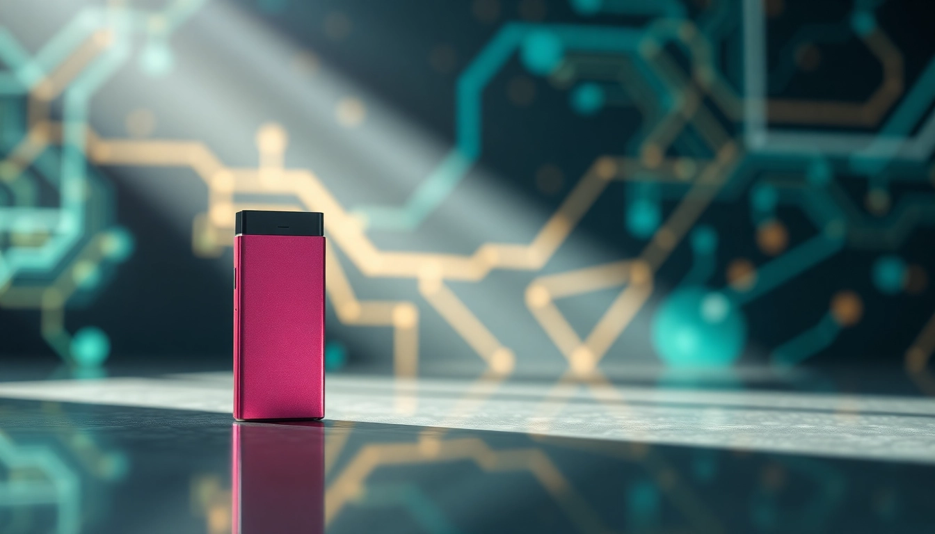 Explore a sleek geekthc disposable vape against a soft-focused tech background.