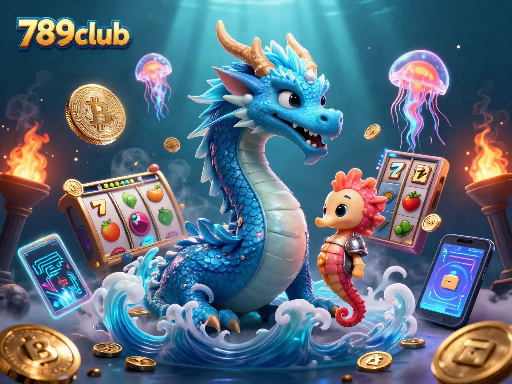 Explore vibrant 789club games featuring a water dragon, seahorse knight, and neon elements.