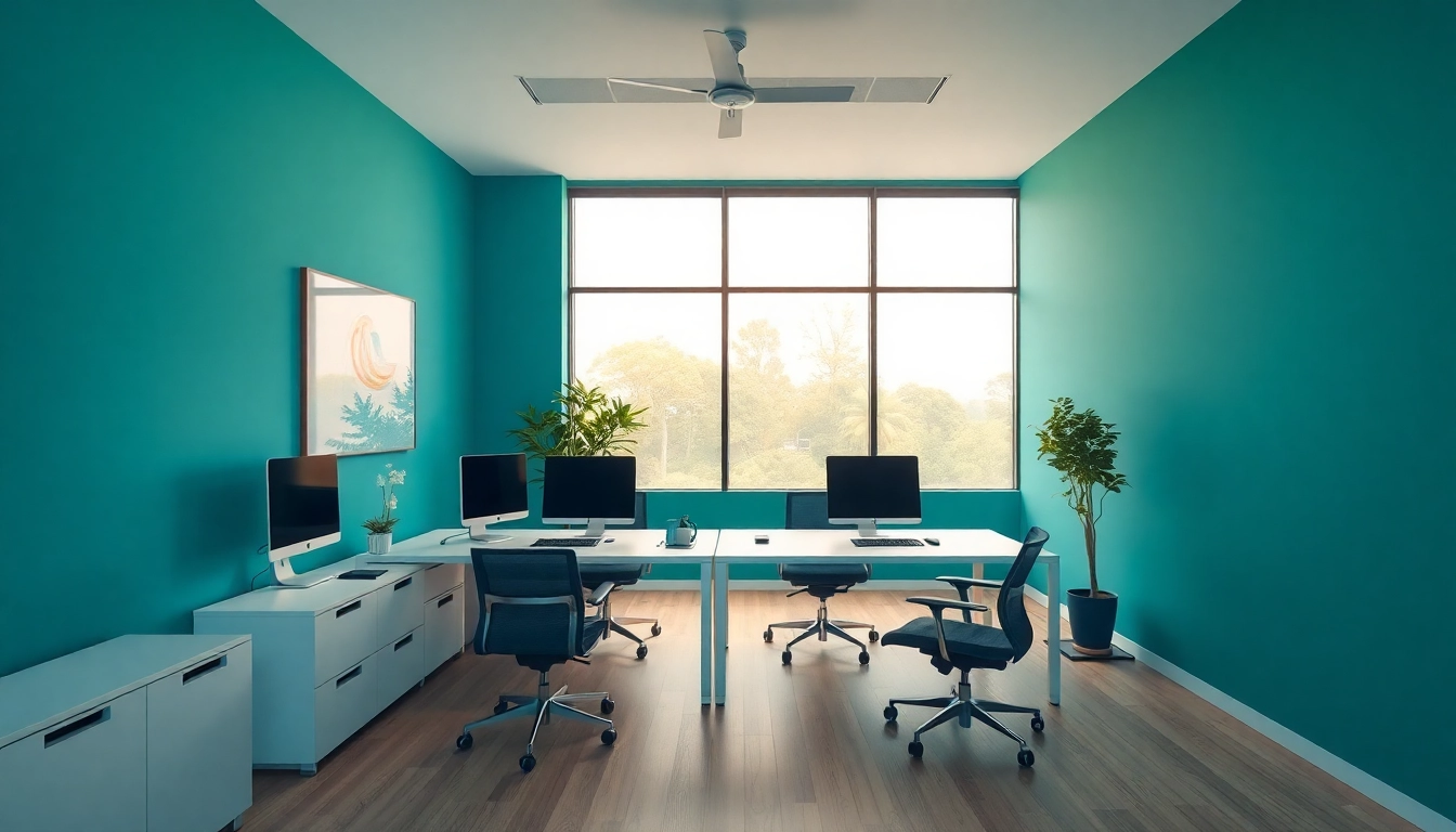 Visualisiere digitales Marketing: modernes Büro mit Technologie und Kreativitäts-Energie.