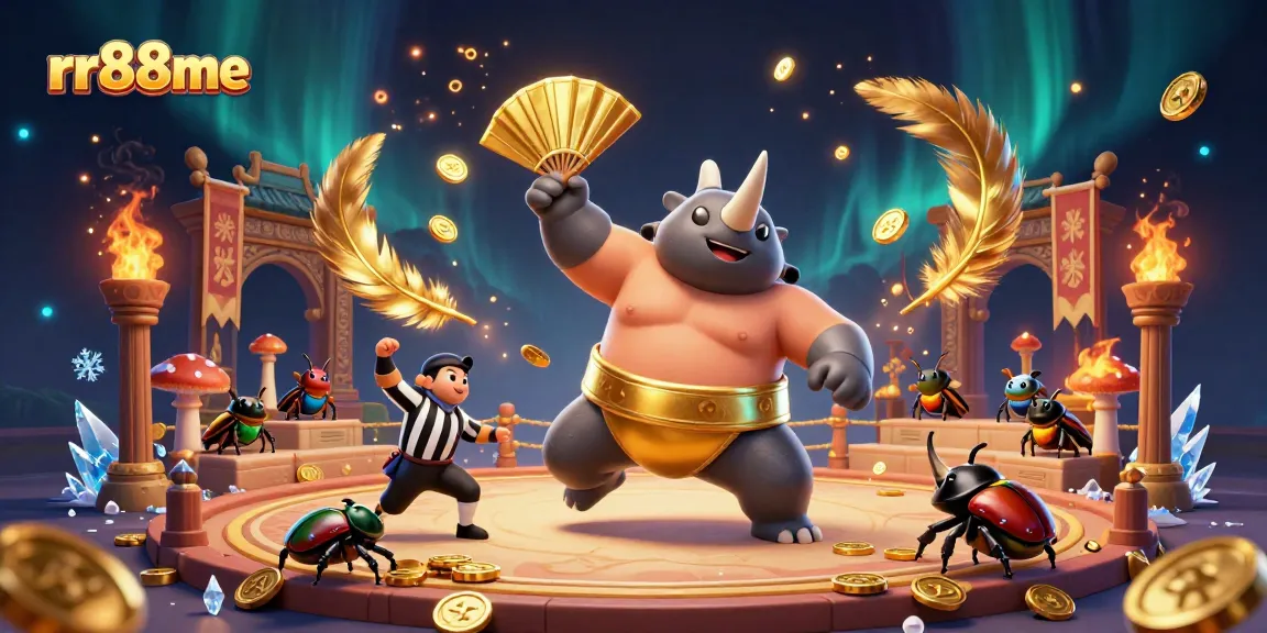 Experience the thrilling rr88me casino action with a cartoon rhinoceros beetle champion amidst flying coins and festive elements.