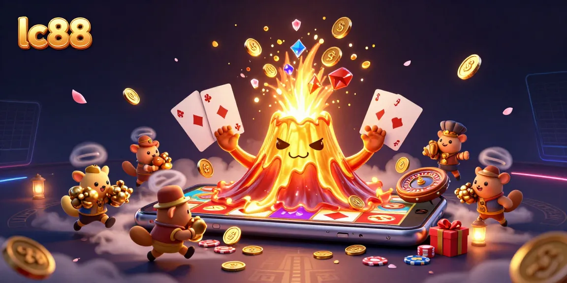 Experience excitement with lc 88 as the golden volcano erupts treasure amid a vibrant casino scene.