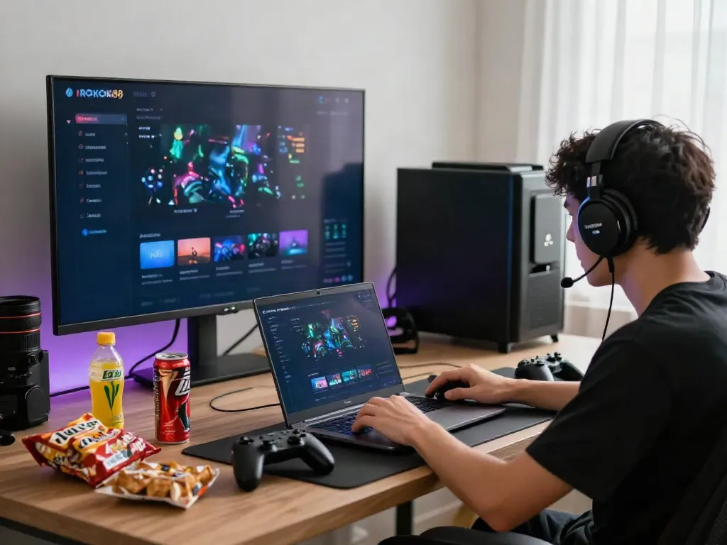 ROKOK88 login scene showcasing a user gaming on a laptop, vibrant home office with gaming accessories.