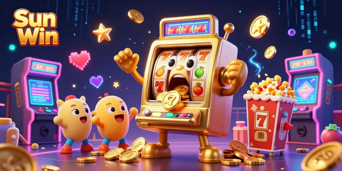 Sun Win jackpot celebration with vibrant slot machines and golden popcorn in a lively casino scene.