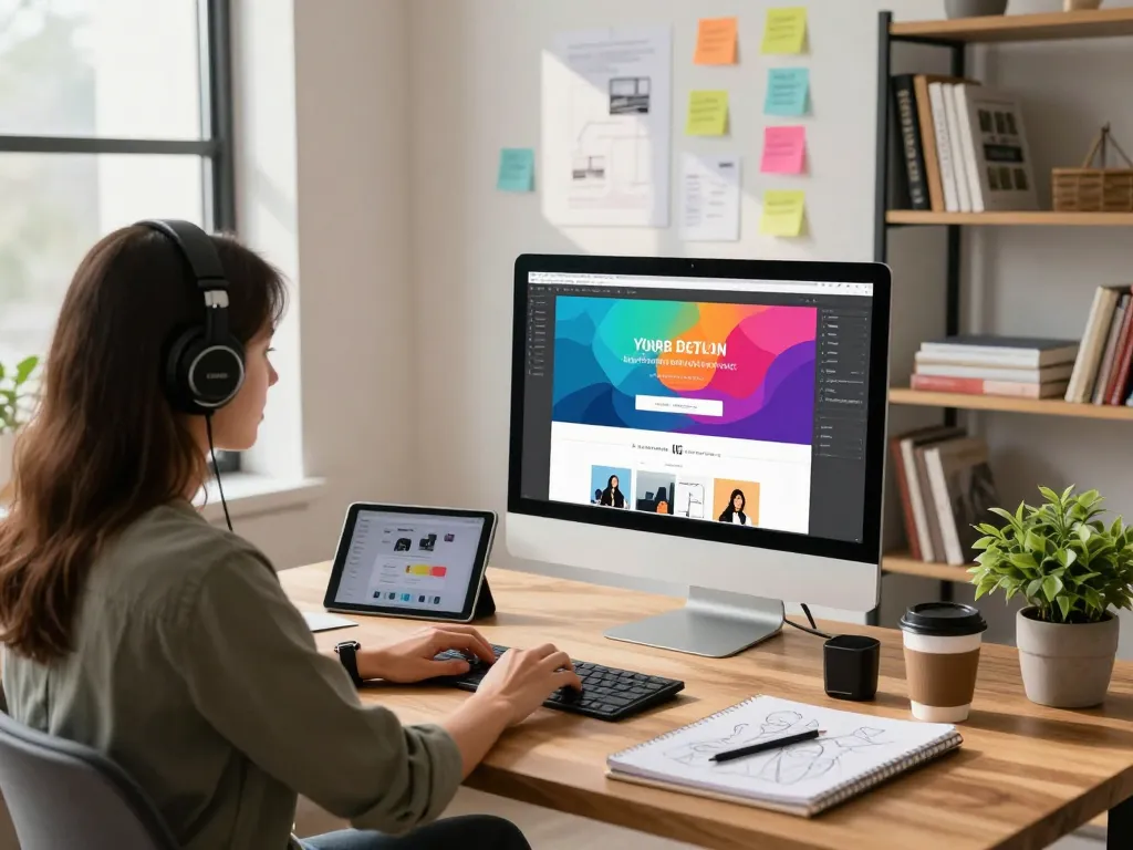 Webdesign-Freelancer, die in einem hellen kreativen Arbeitsbereich mit Designtools und persönlichen Akzenten zusammenarbeiten.