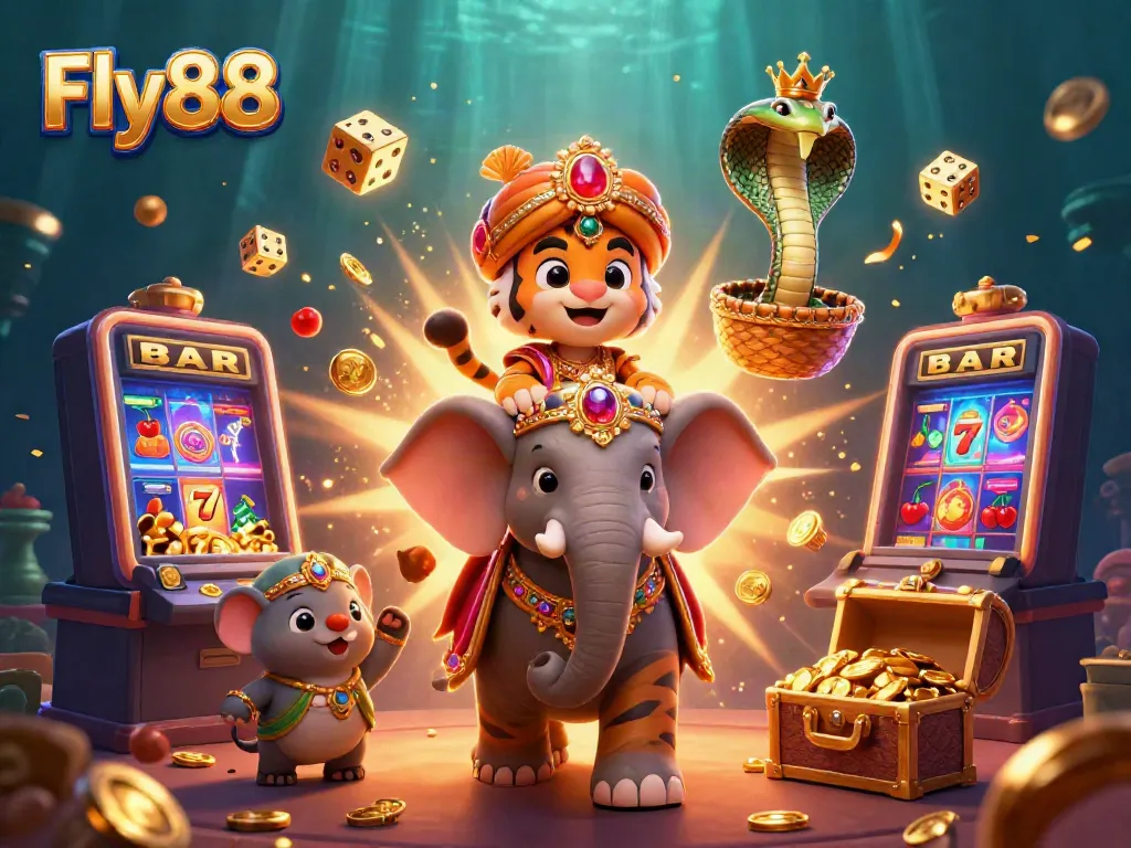 Experience the excitement of Fly88 with vibrant gambling elements and animated 3D characters.