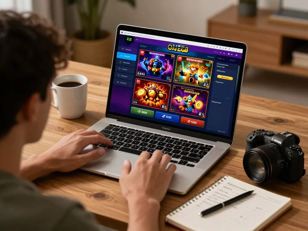 Engaging player using ONE88 LINK on a laptop at home, demonstrating online casino excitement.