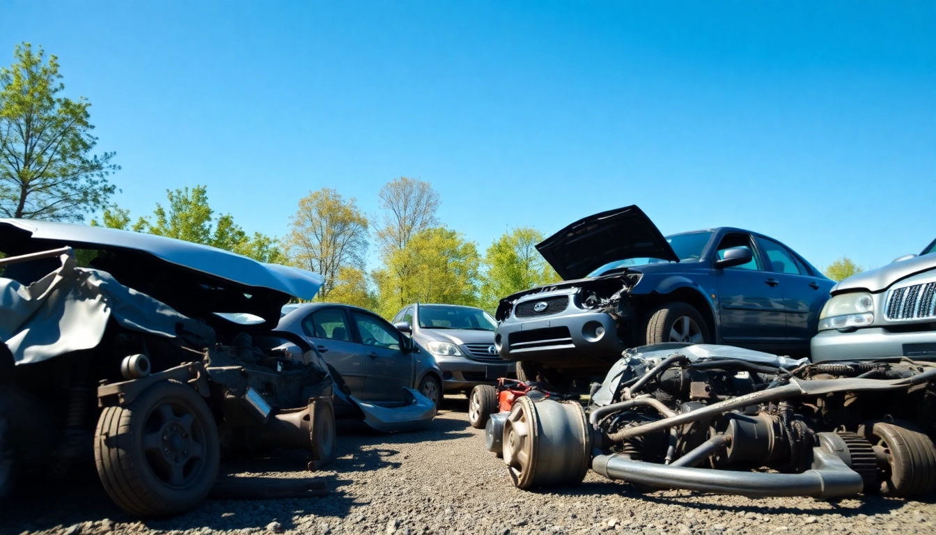 Motorschaden Ankauf, showcasing vehicles in a salvage yard with visible damage.