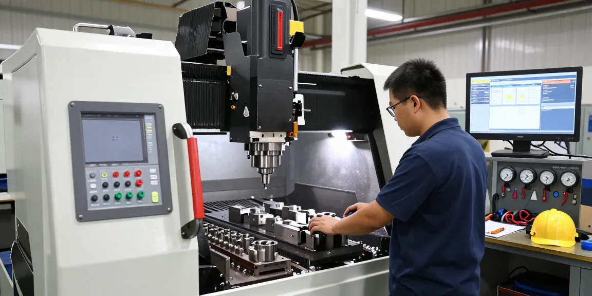 CNC-Technik in präziser Bearbeitung: Techniker arbeitet an CNC-Fräsmaschine in moderner Werkstatt.