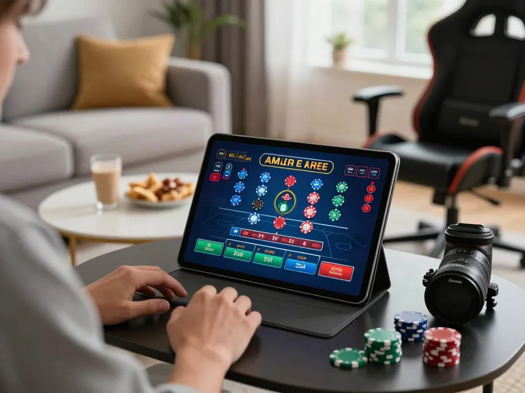 Engaging online gambling experience with Uk88 nhà cái on a tablet in a cozy setting.