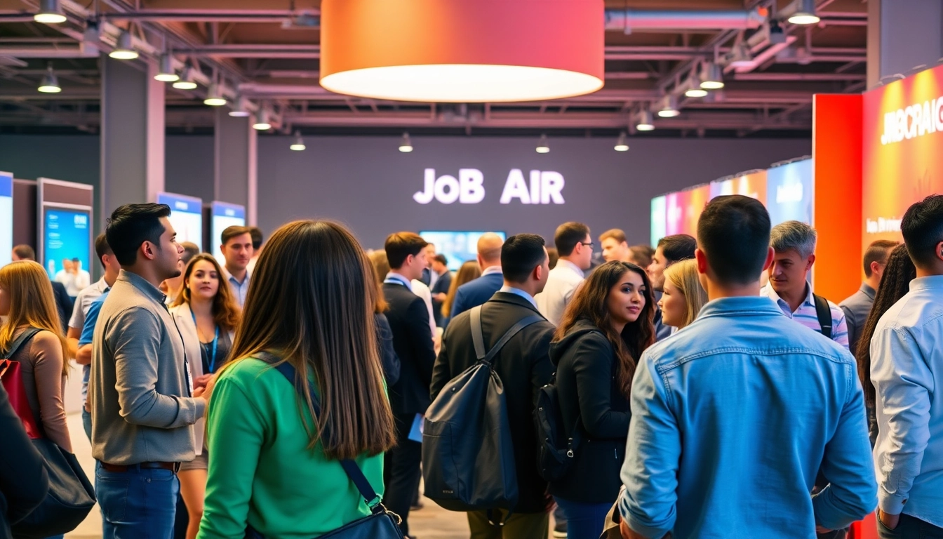 Find diverse Stellenangebote at a busy job fair with enthusiastic job seekers interacting with recruiters.