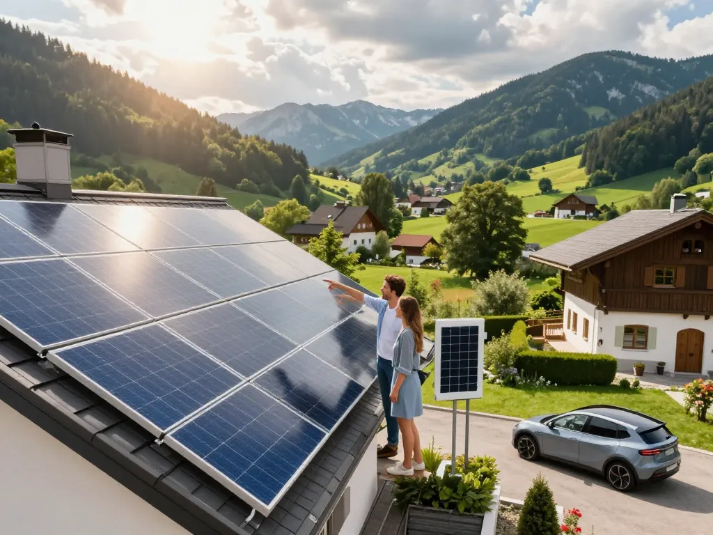 Installation von Photovoltaik in Bayern auf einem bayerischen Haus mit üppiger Landschaft, das nachhaltige Energielösungen und modernes Wohnen veranschaulicht.