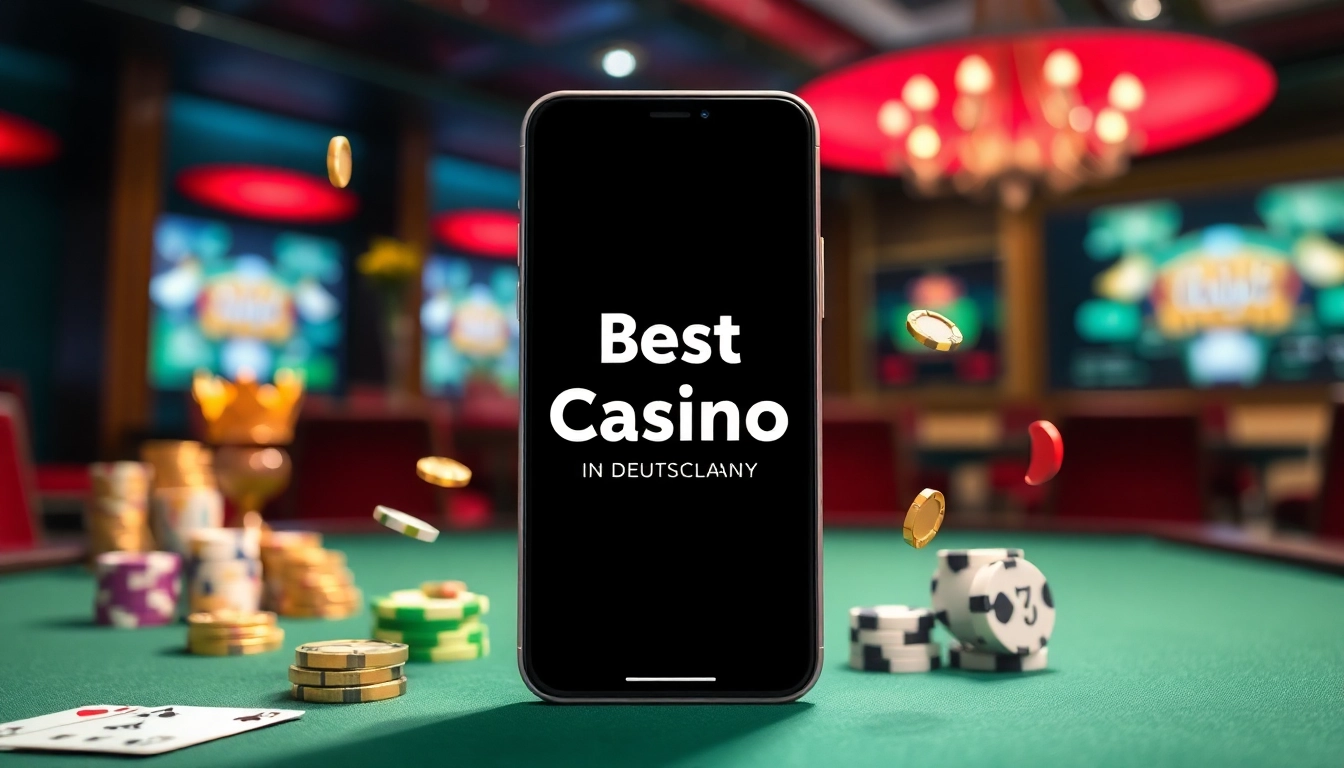 Entdecken Sie die beste Casino App in Deutschland auf einem modernen Mobilgerät, umgeben von aufregenden Slots und spannenden Kartenspielen.