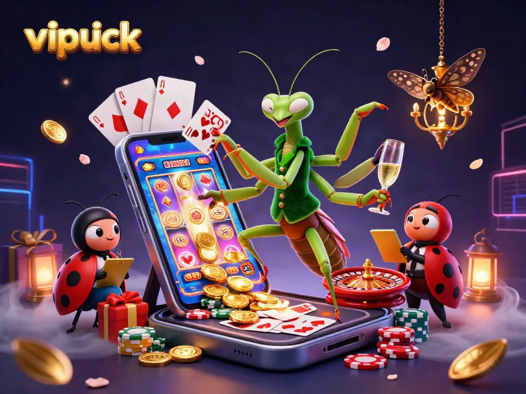 Engage with vipluck's thrilling casino experience featuring a giant praying mantis and enchanting game elements.