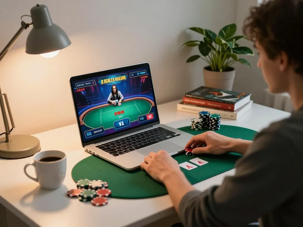 Engaging online poker gameplay at https://mb668.co/ with chips and coffee in a cozy setting